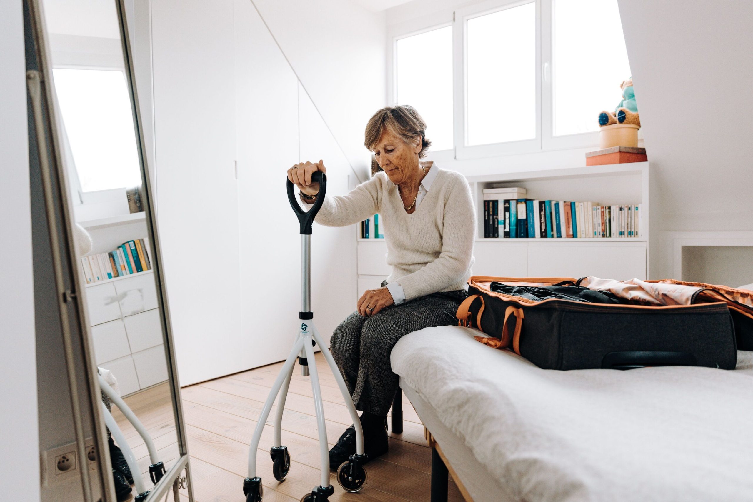 Senior using a mobility aid comfortably at home